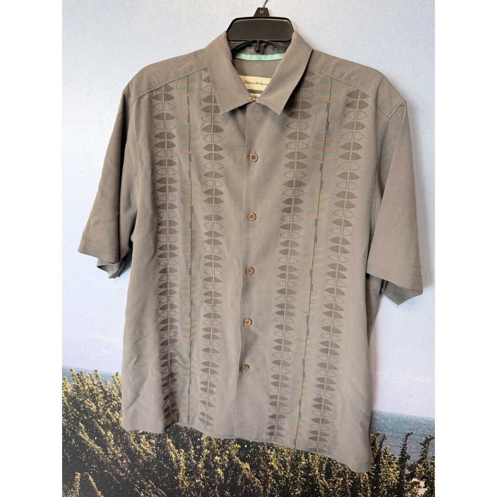 Tommy Bahama Silk Blend Shirt‎ Men M Gray Geometric Embroidery Original Fit